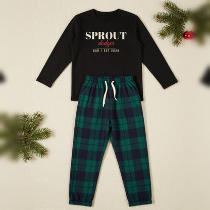 Sprout Dodger Personalised Matching Family Christmas Pyjamas Set, Adult in Black / Green Tartan, our photo