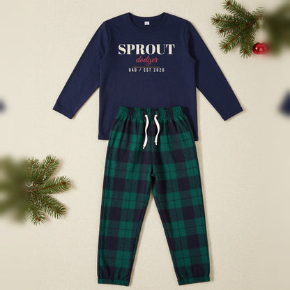 Sprout Dodger Personalised Matching Family Christmas Pyjamas Set, Adult in Navy / Green Tartan, our photo