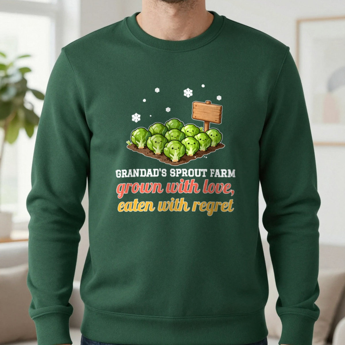 Personalised Sprout Farm Christmas Jumper & T-Shirt Sweatshirt in Forest Green, worn, our photo