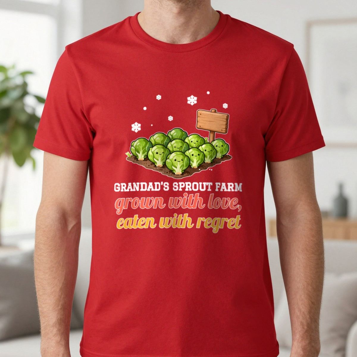 Personalised Sprout Farm Christmas Jumper & T-Shirt T-Shirt in Red, worn, our photo