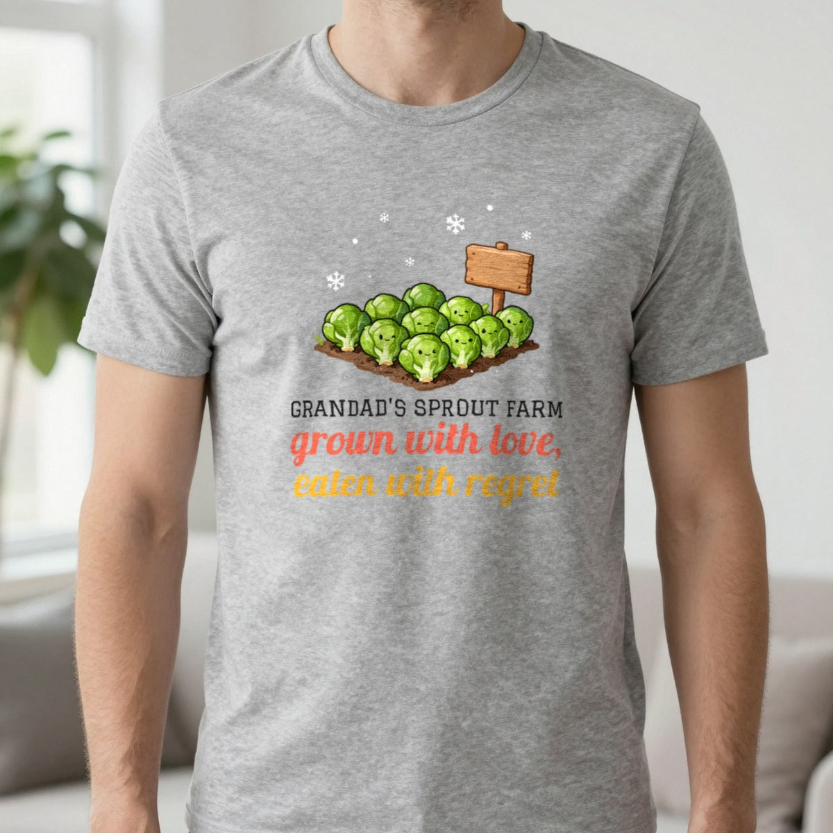 Personalised Sprout Farm Christmas Jumper & T-Shirt T-Shirt in Sport Grey, worn, our photo