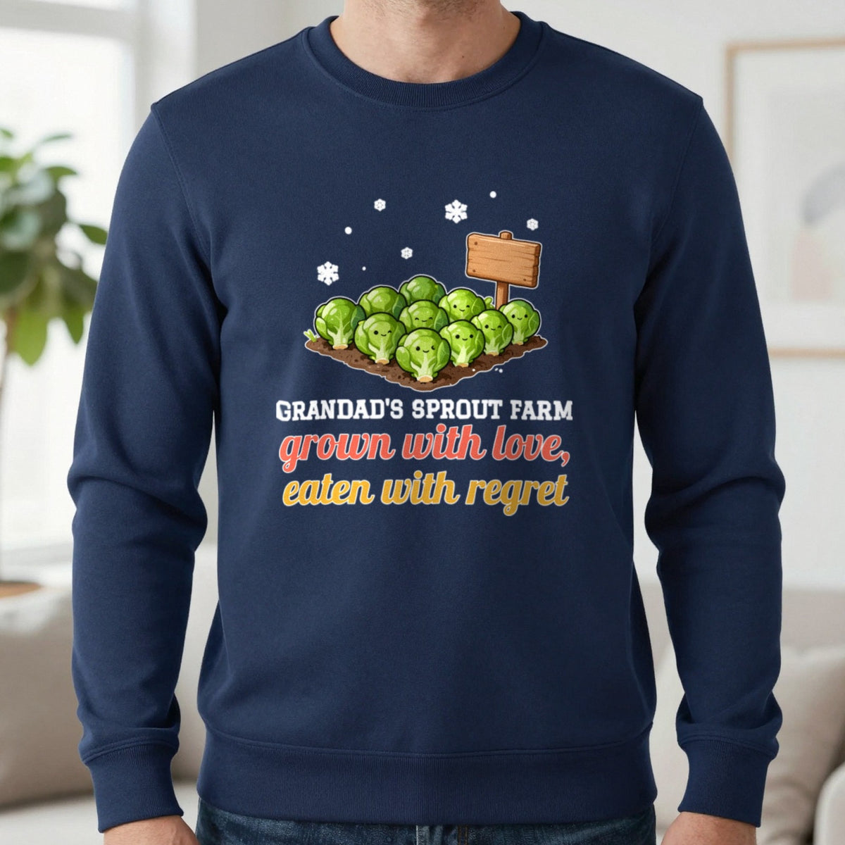 Personalised Sprout Farm Christmas Jumper & T-Shirt Sweatshirt in Navy, worn, our photo