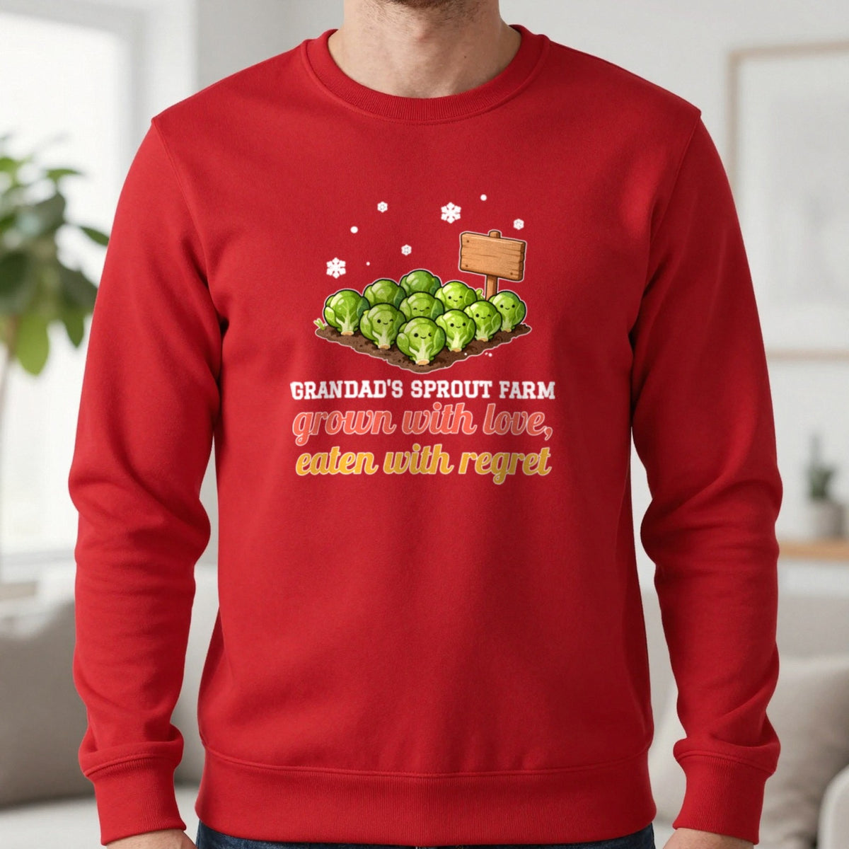 Personalised Sprout Farm Christmas Jumper & T-Shirt Sweatshirt in Red, worn, our photo