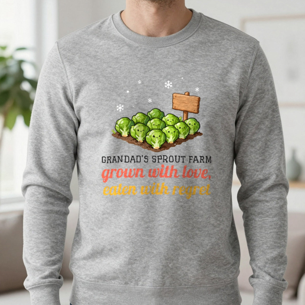 Personalised Sprout Farm Christmas Jumper & T-Shirt Sweatshirt in Sport Grey, worn, our photo