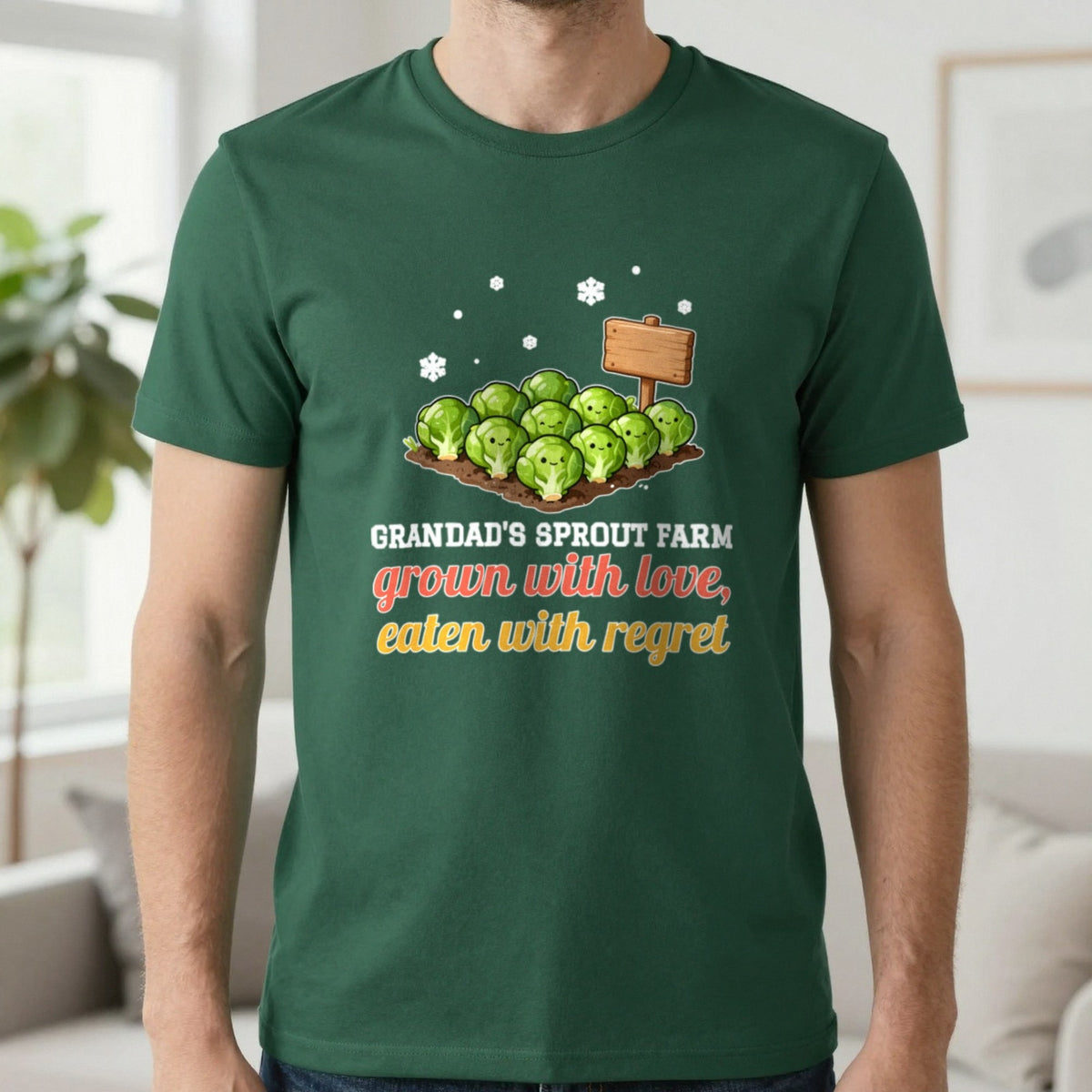 Personalised Sprout Farm Christmas Jumper & T-Shirt T-Shirt in Forest Green, worn, our photo