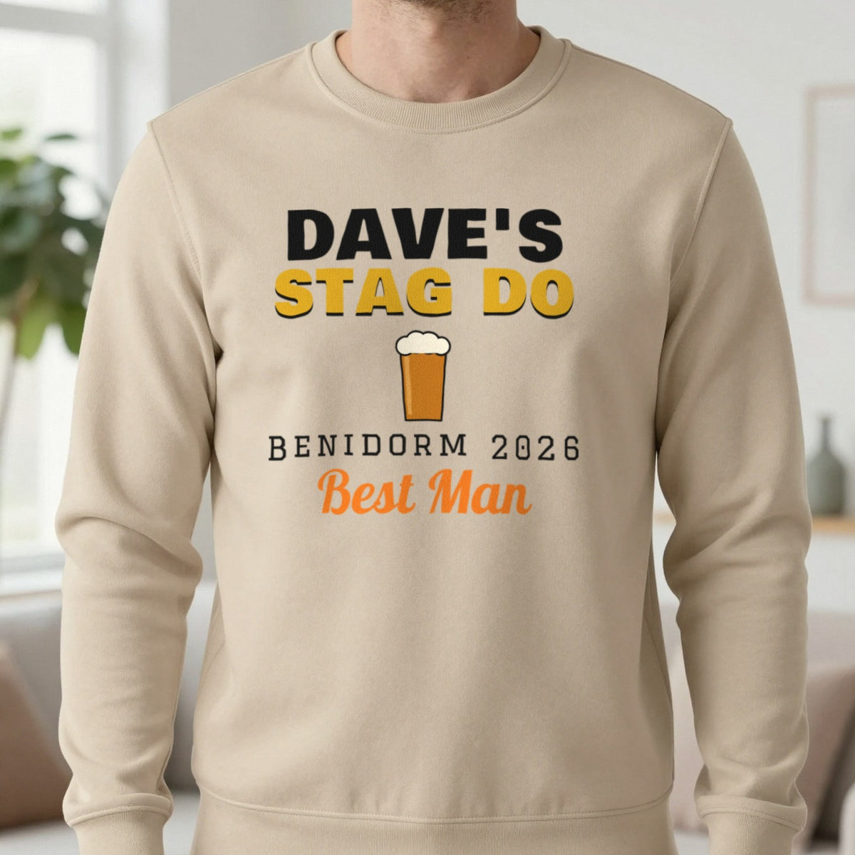 Personalised Stag Do T-Shirts Sweatshirt in Sand, worn, our photo