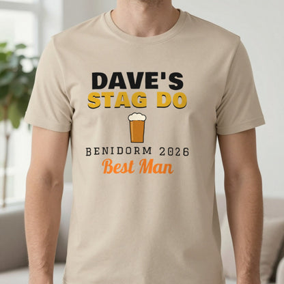 Personalised Stag Do T-Shirts T-Shirt in Sand, worn, our photo