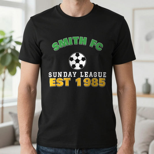 Personalised Sunday League FC Est. T-Shirt & Sweatshirt T-Shirt in Black, worn, our photo