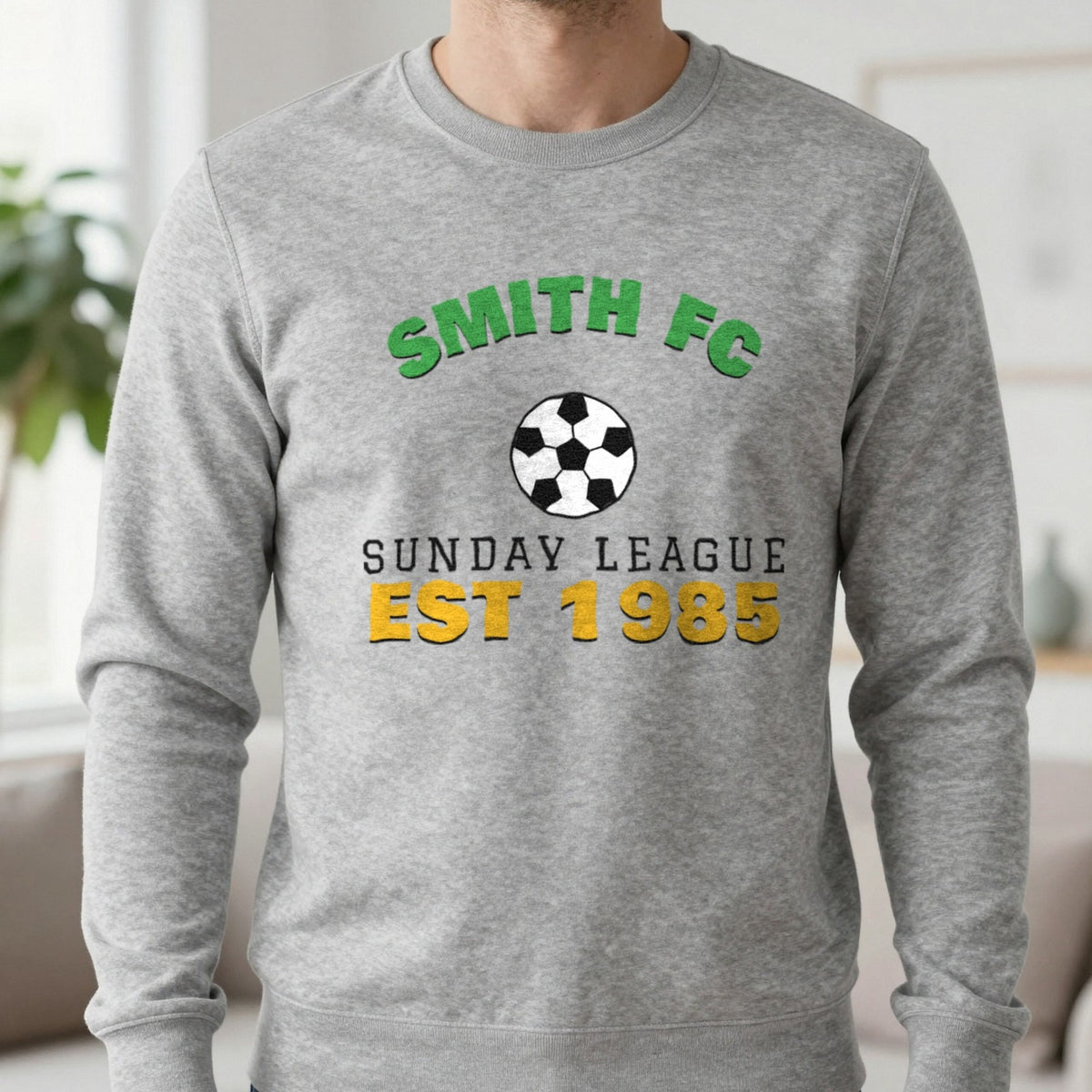 Personalised Sunday League FC Est. T-Shirt & Sweatshirt Sweatshirt in Sport Grey, worn, our photo