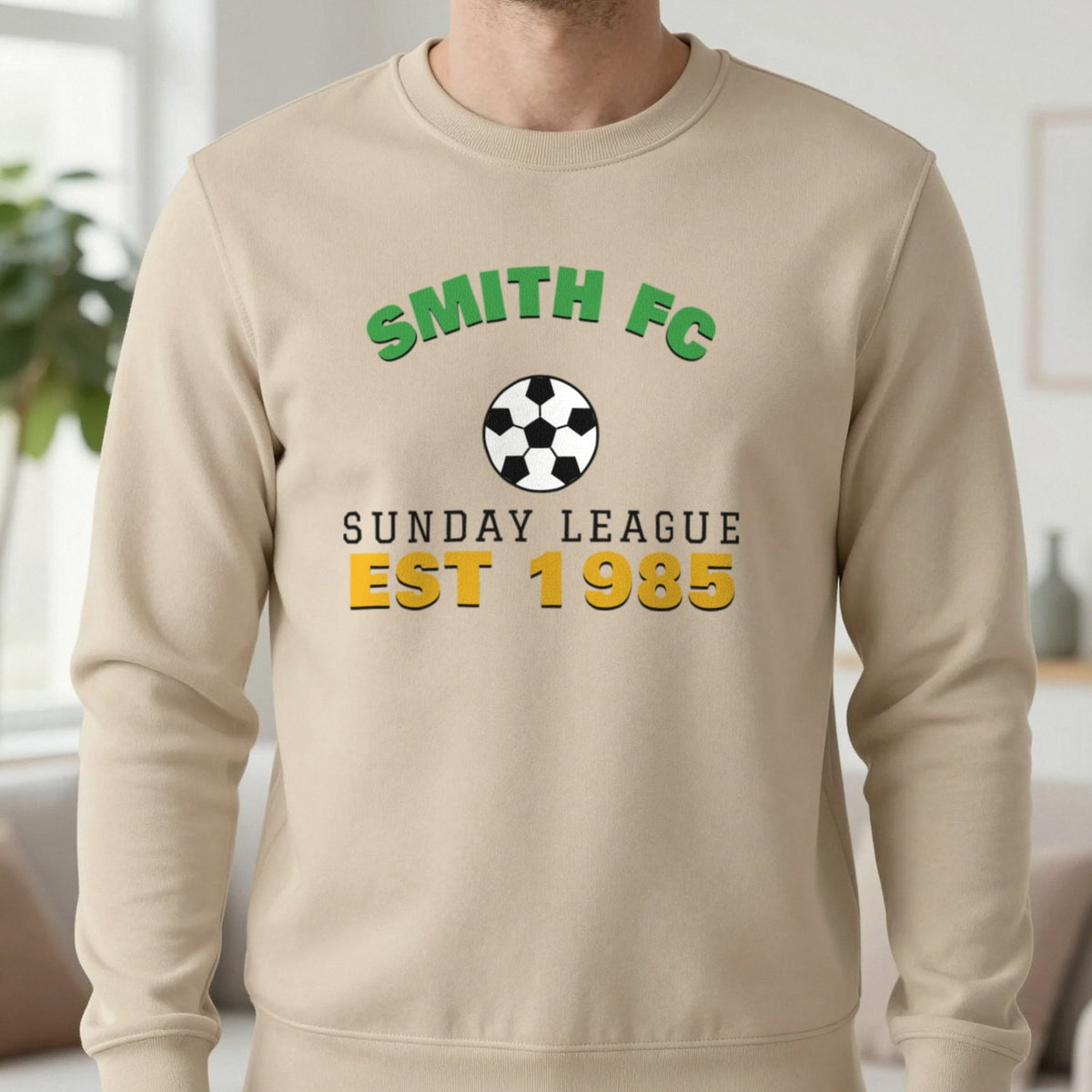 Personalised Sunday League FC Est. T-Shirt & Sweatshirt Sweatshirt in Sand, worn, our photo