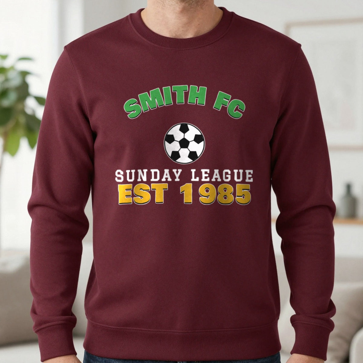 Personalised Sunday League FC Est. T-Shirt & Sweatshirt Sweatshirt in Maroon, worn, our photo