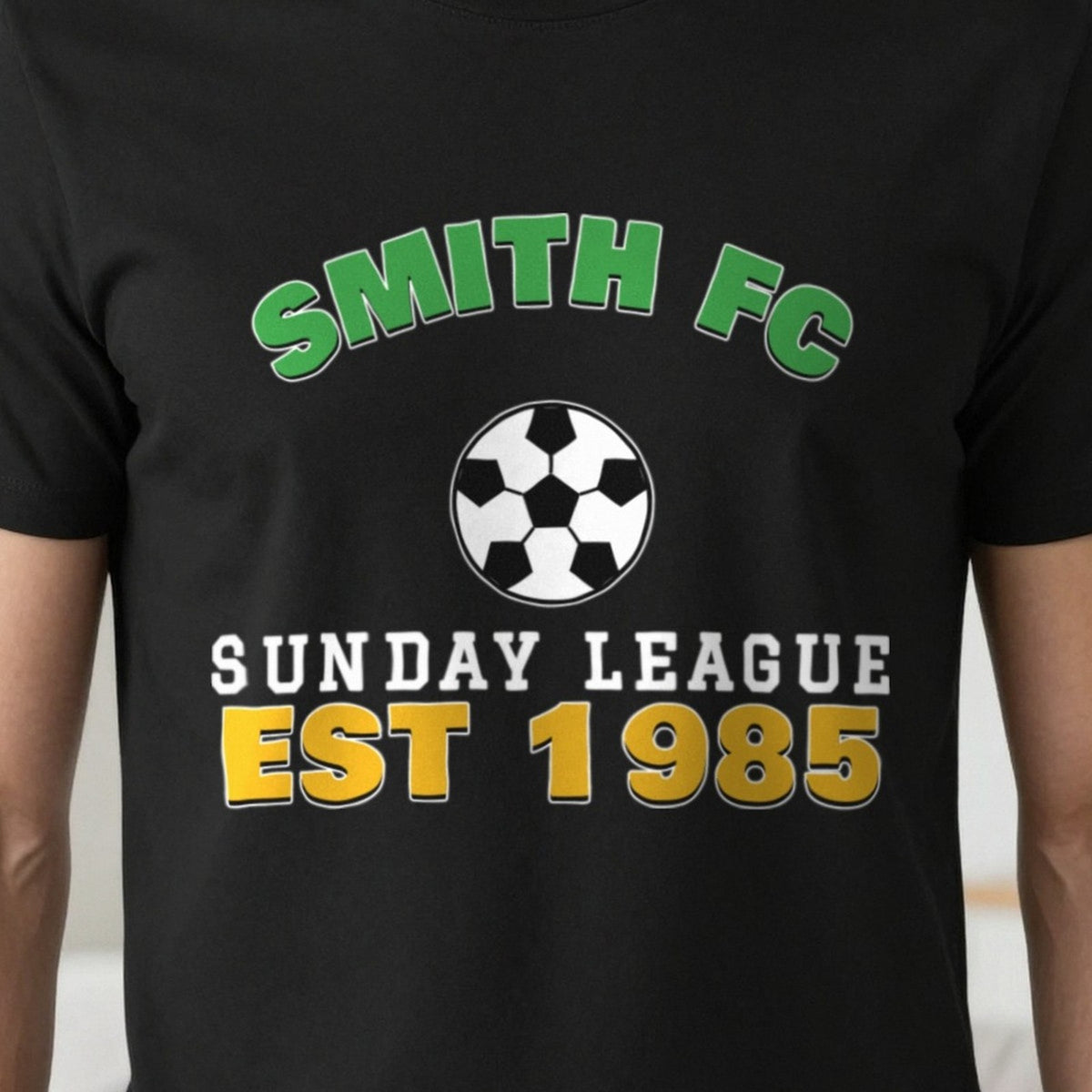 Personalised Sunday League FC Est. T-Shirt & Sweatshirt print close-up, our photo