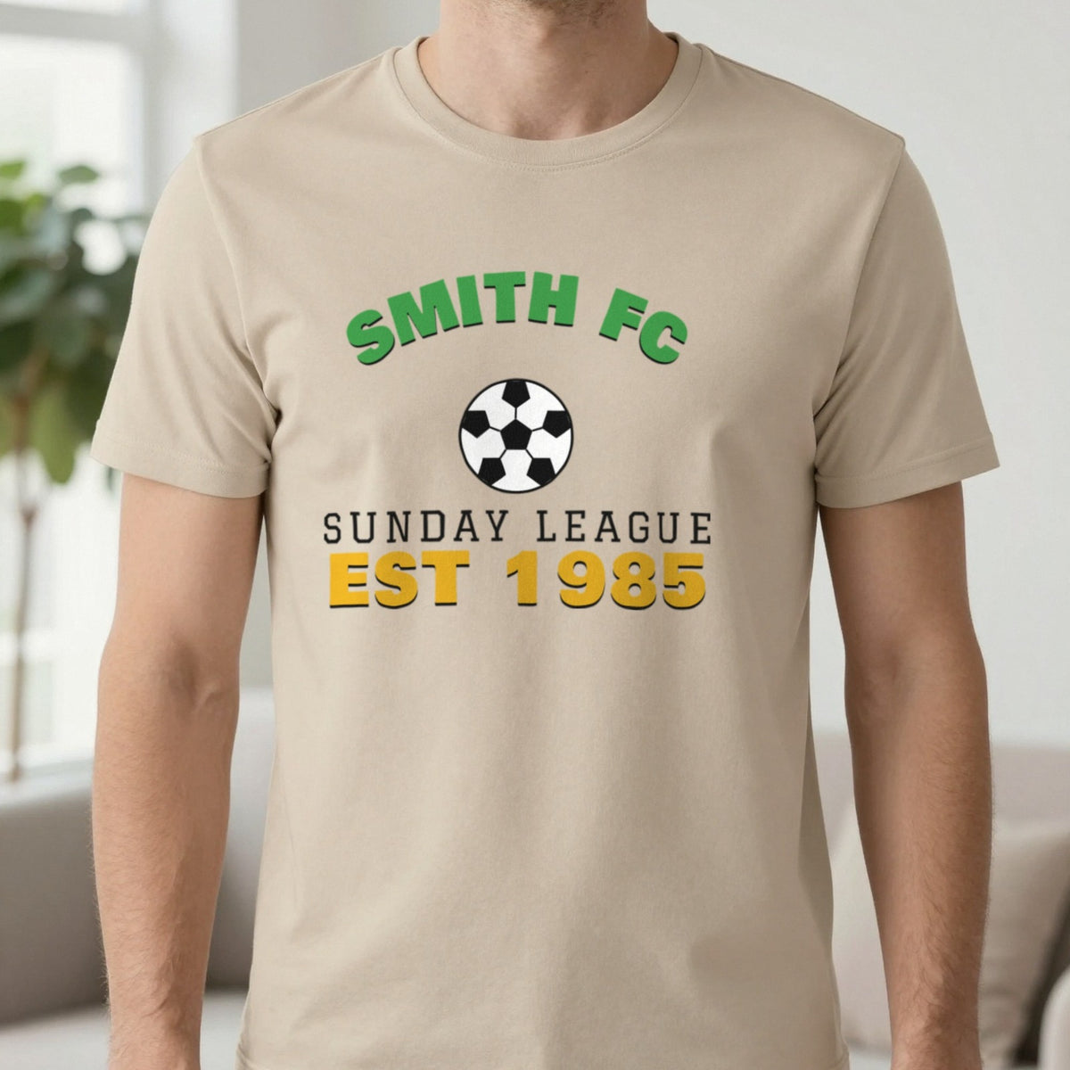 Personalised Sunday League FC Est. T-Shirt & Sweatshirt T-Shirt in Sand, worn, our photo