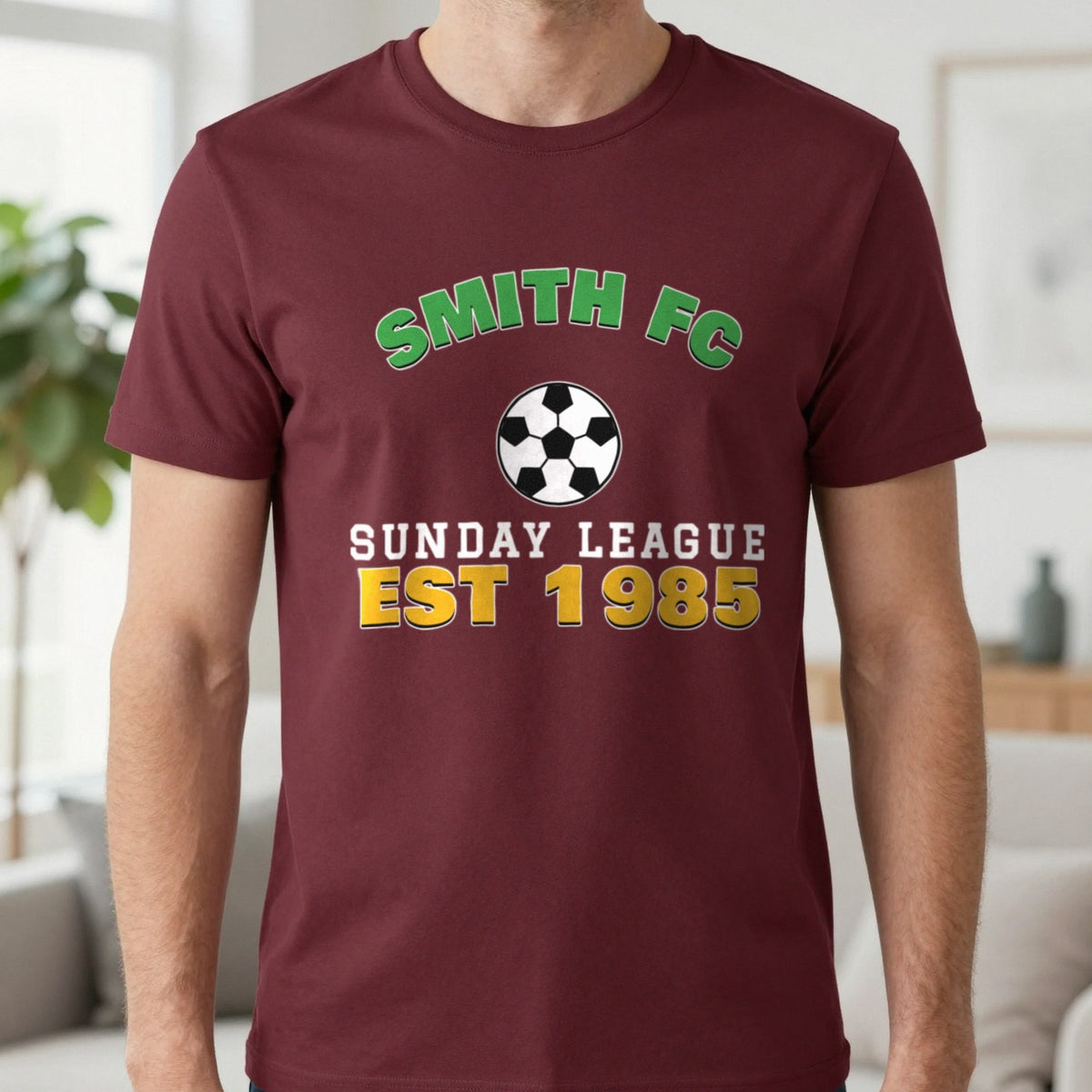 Personalised Sunday League FC Est. T-Shirt & Sweatshirt T-Shirt in Maroon, worn, our photo