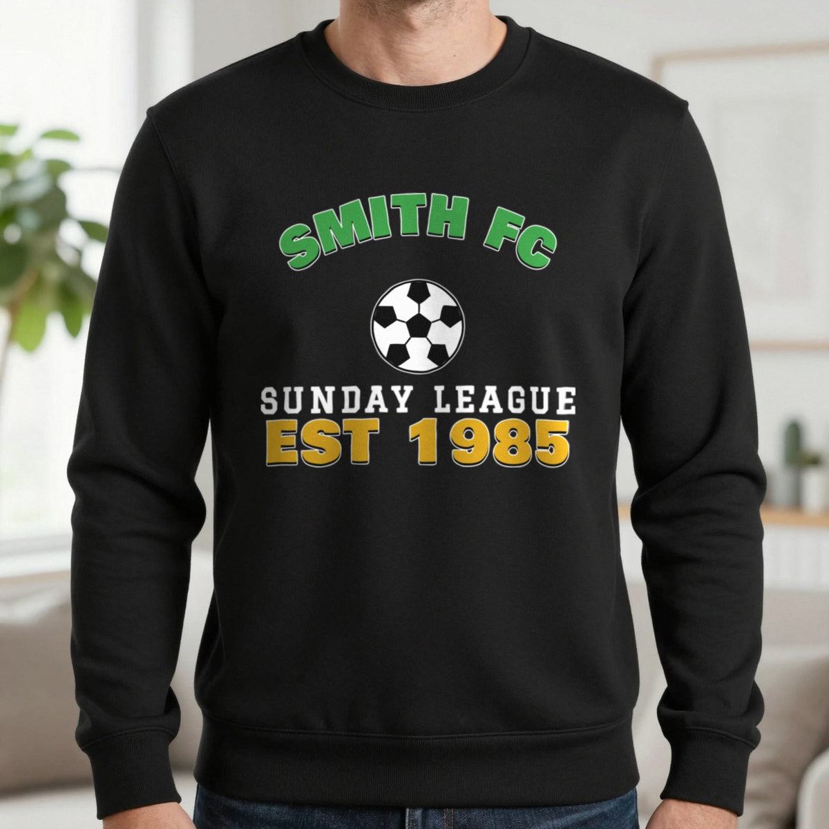 Personalised Sunday League FC Est. T-Shirt & Sweatshirt Sweatshirt in Black, worn, our photo