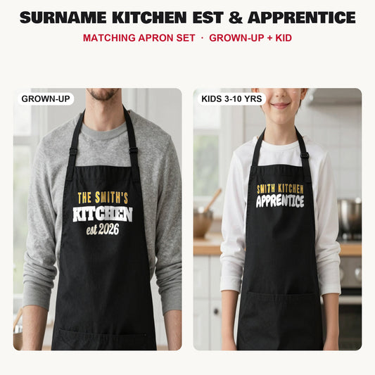 Surname Kitchen Est & Apprentice matching apron set in Black: grown-up and kids aprons, our photo