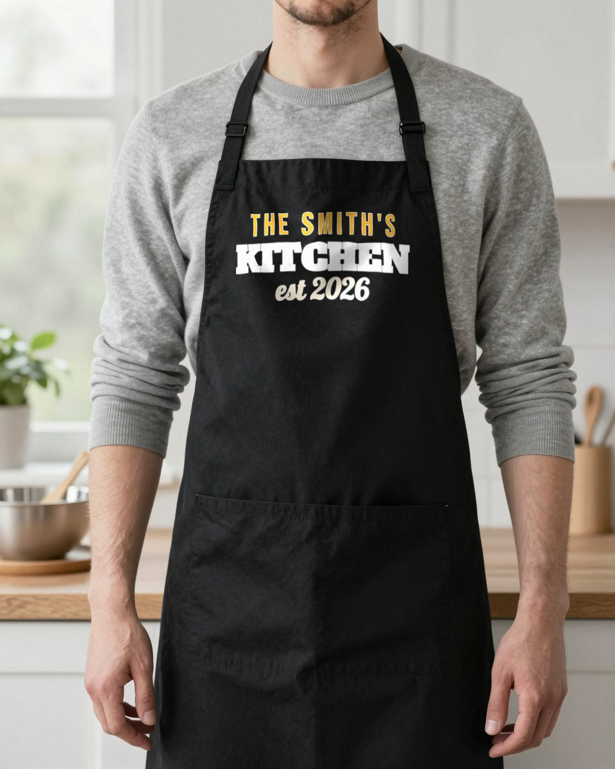 Surname Kitchen Est & Apprentice grown-up apron, worn