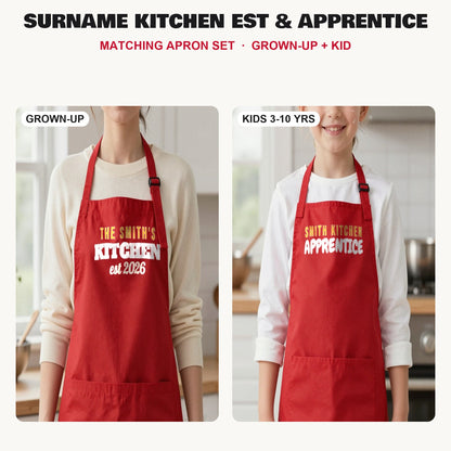 Surname Kitchen Est & Apprentice matching apron set in Red: grown-up and kids aprons, our photo