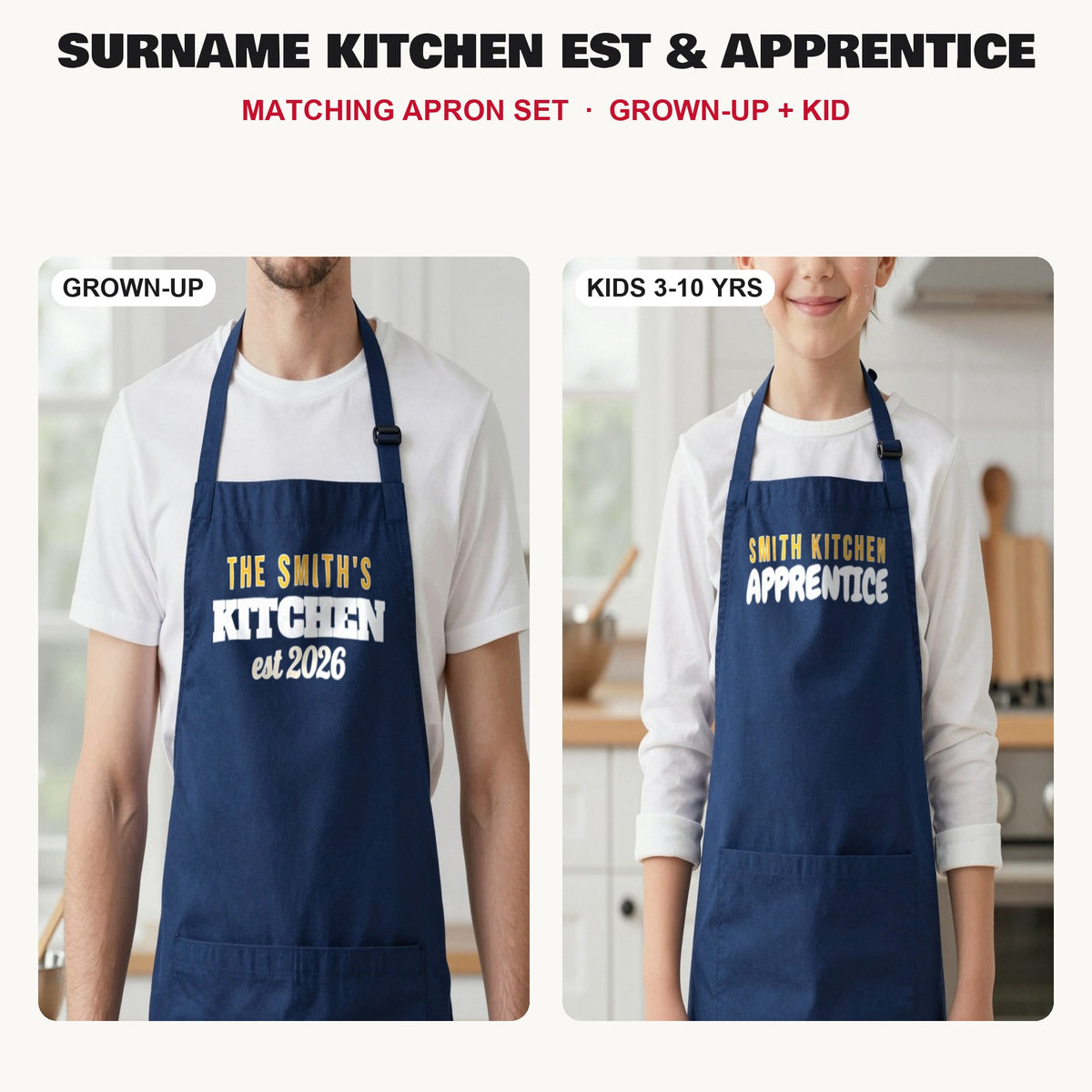 Surname Kitchen Est & Apprentice matching apron set in Navy: grown-up and kids aprons, our photo