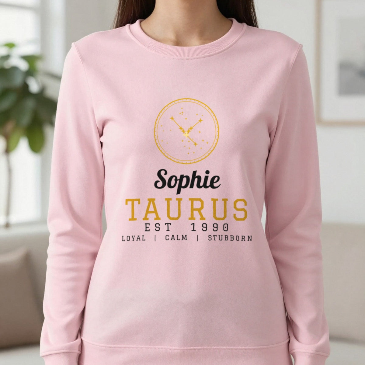 Personalised Taurus T-Shirt & Sweatshirt Sweatshirt in Light Pink, worn, our photo