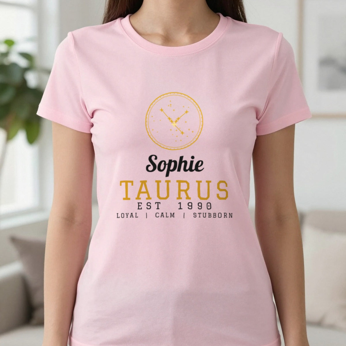 Personalised Taurus T-Shirt & Sweatshirt T-Shirt in Light Pink, worn, our photo