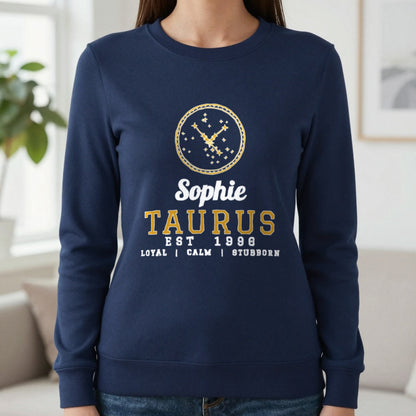 Personalised Taurus T-Shirt & Sweatshirt Sweatshirt in Navy, worn, our photo