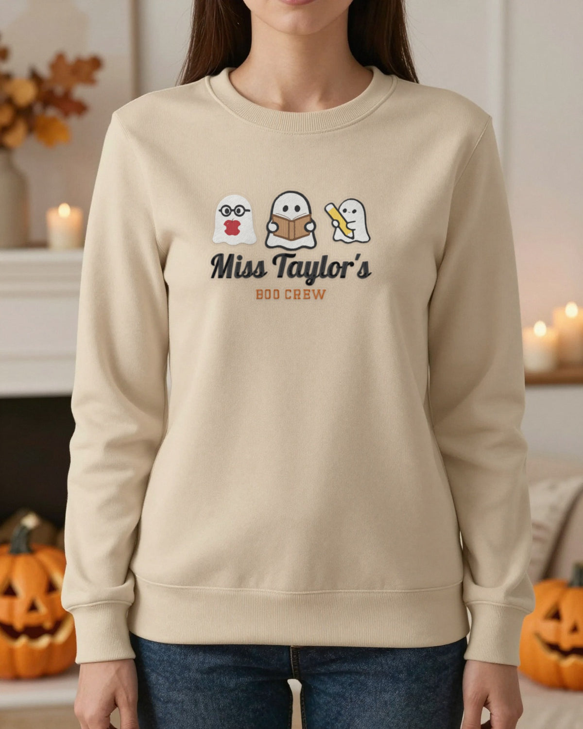 Personalised Teacher Halloween Embroidered Sweatshirt worn