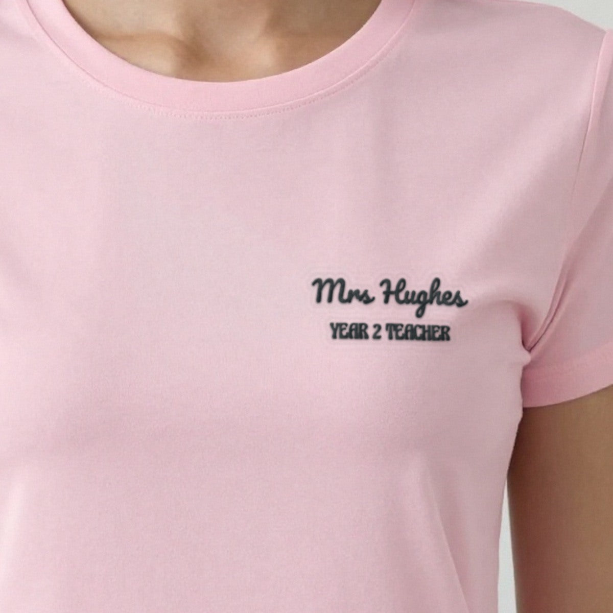 Teacher Sweatshirt with Name, adult t-shirt in light pink, embroidered