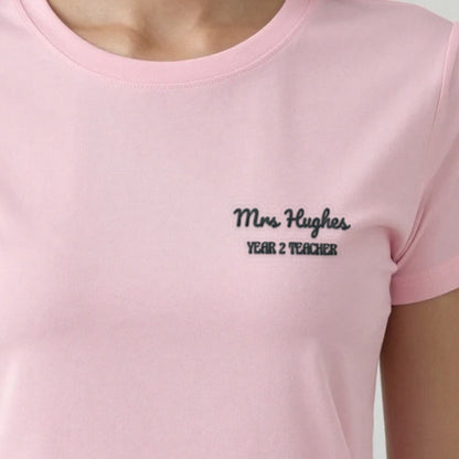 Teacher Sweatshirt with Name, adult t-shirt in light pink, embroidered