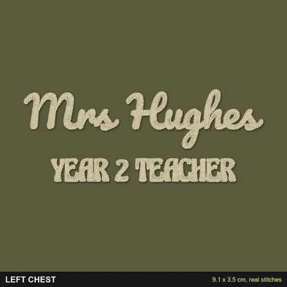 Teacher Sweatshirt with Name: close-up of the real stitches with sizes