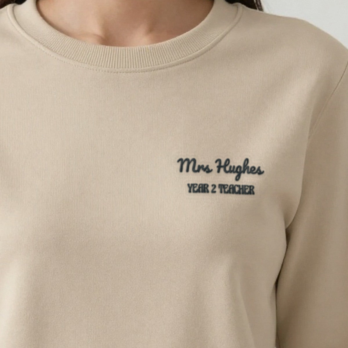 Teacher Sweatshirt with Name, adult sweatshirt in sand, embroidered