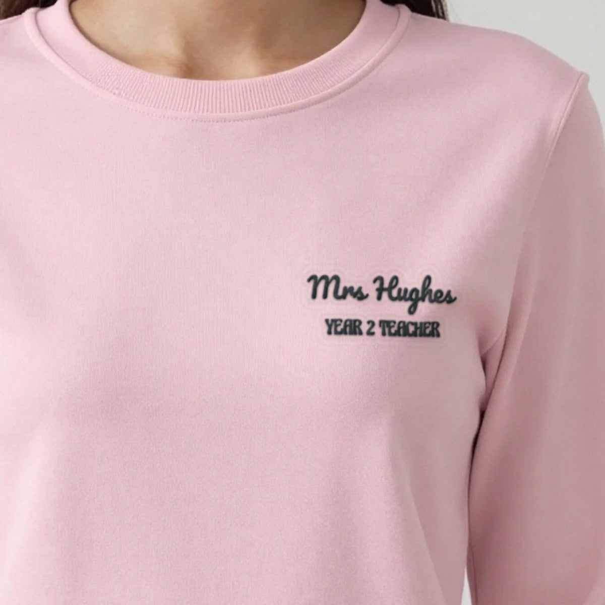 Teacher Sweatshirt with Name, adult sweatshirt in light pink, embroidered