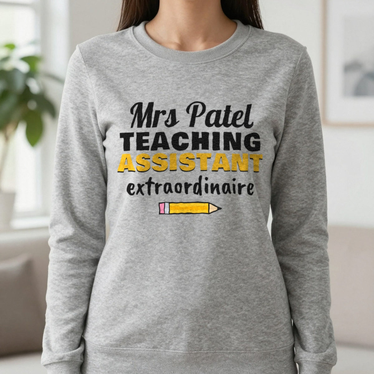 Personalised Teaching Assistant T-Shirt & Sweatshirt Sweatshirt in Sport Grey, worn, our photo