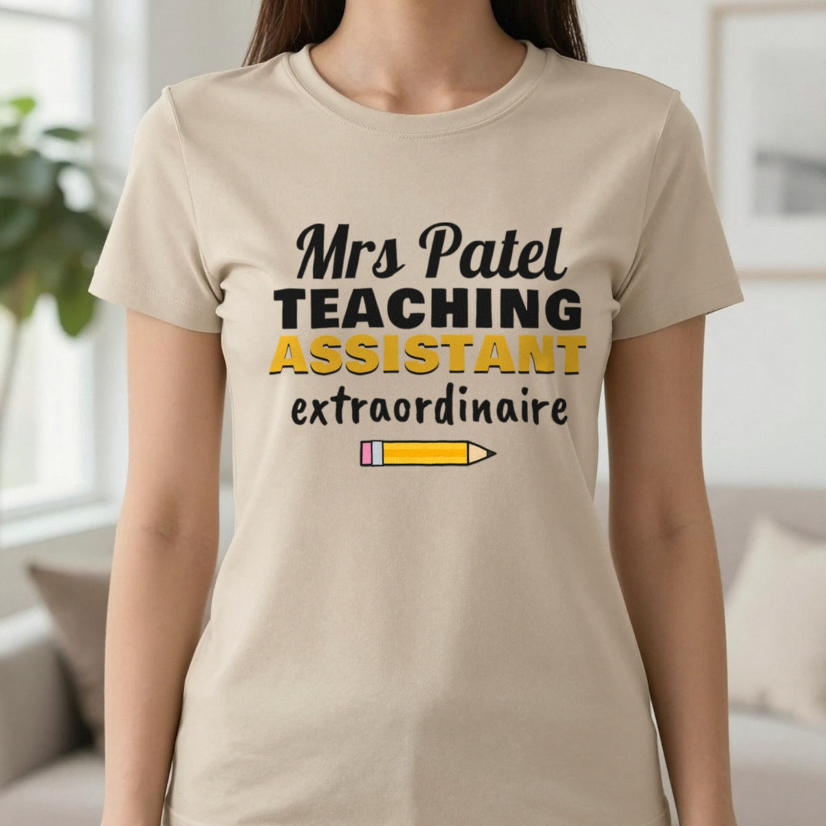 Personalised Teaching Assistant T-Shirt & Sweatshirt T-Shirt in Sand, worn, our photo