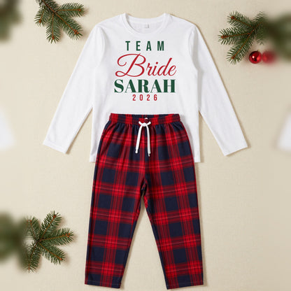 Team Bride Personalised Christmas Pyjamas, Adult in White / Red Tartan, our photo