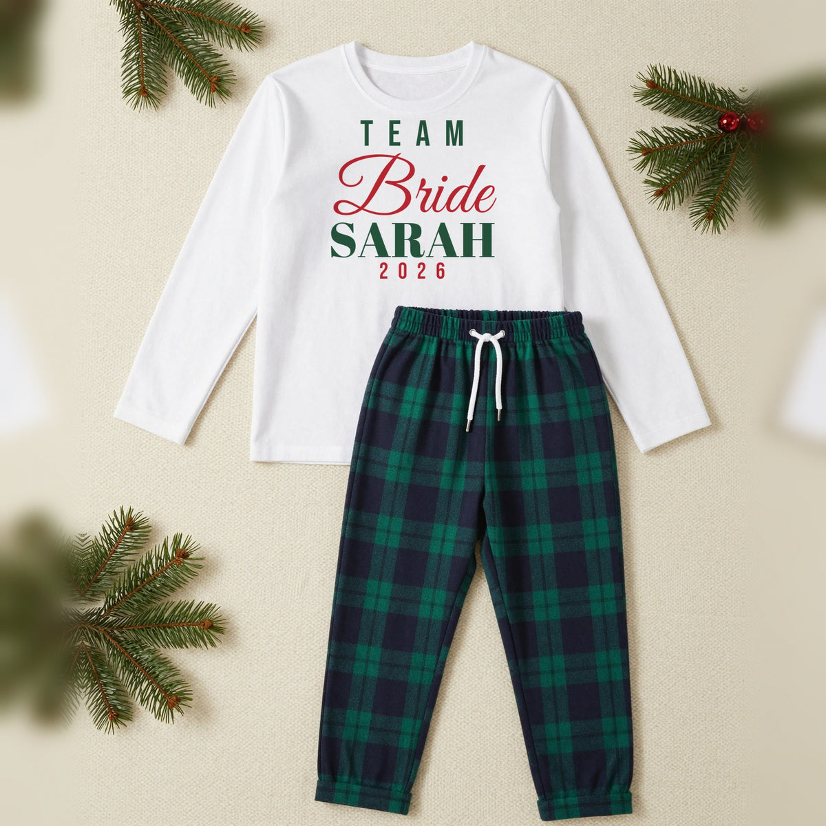 Team Bride Personalised Christmas Pyjamas, Adult in White / Green Tartan, our photo
