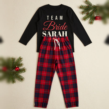 Team Bride Personalised Christmas Pyjamas, Adult in Black / Red Tartan, our photo