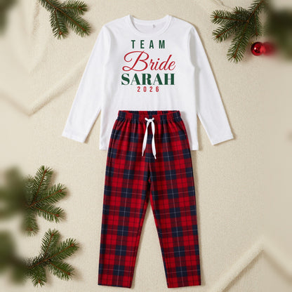 Team Bride Personalised Christmas Pyjamas, Ladies in White / Red Tartan, our photo