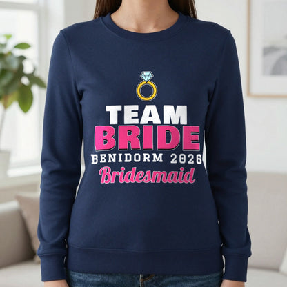 Personalised Team Bride T-Shirts Sweatshirt in Navy, worn, our photo