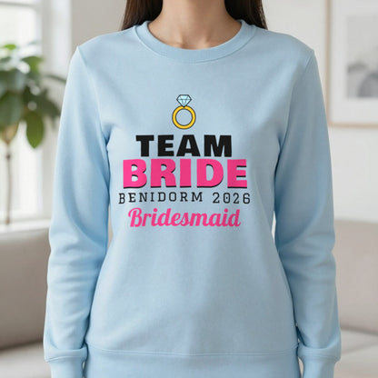Personalised Team Bride T-Shirts Sweatshirt in Light Blue, worn, our photo