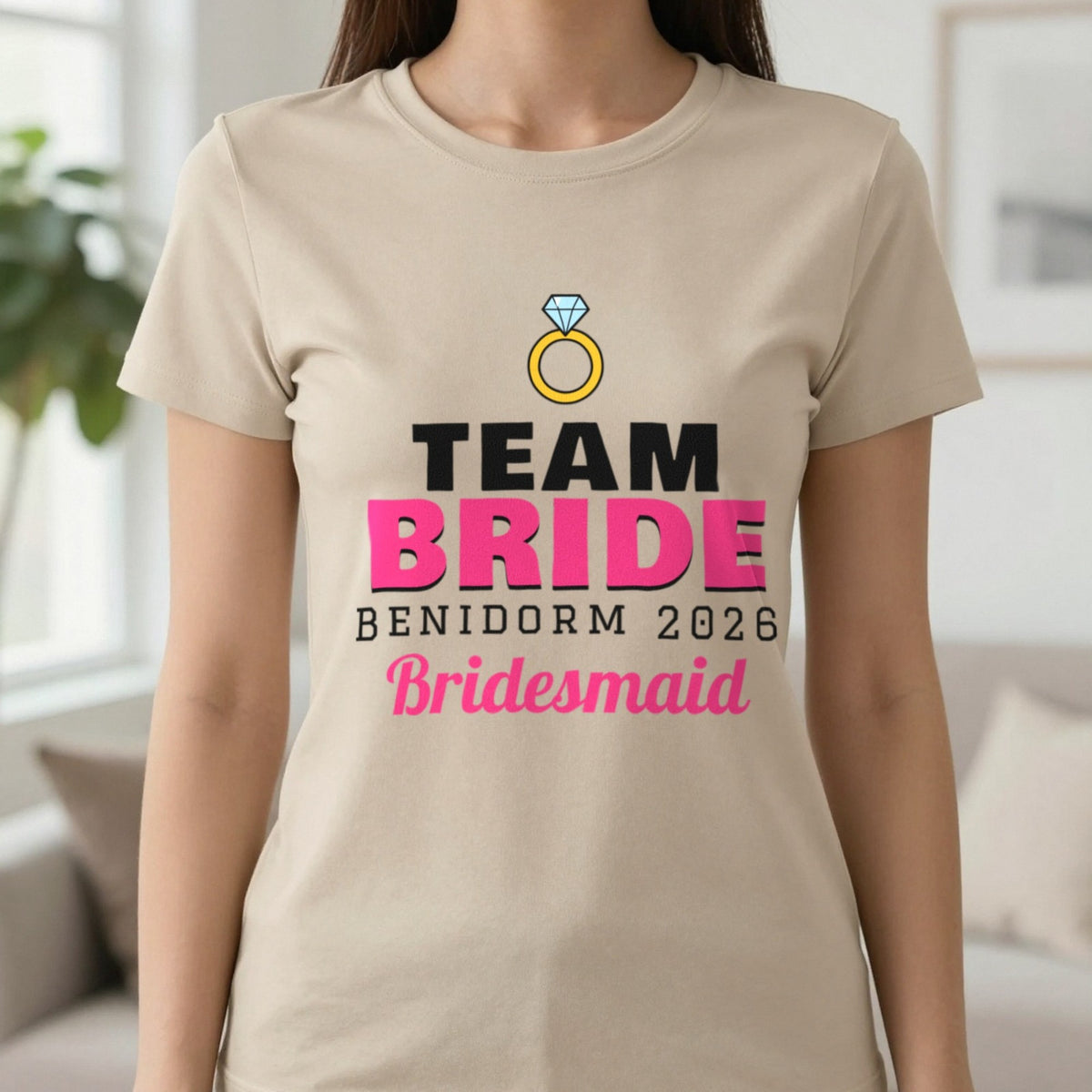 Personalised Team Bride T-Shirts T-Shirt in Sand, worn, our photo
