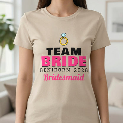 Personalised Team Bride T-Shirts T-Shirt in Sand, worn, our photo