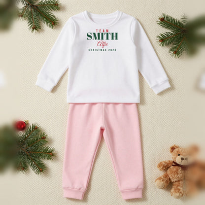 Team Smith Personalised Matching Family Christmas Pyjamas Set, Kids in White / Pink, our photo