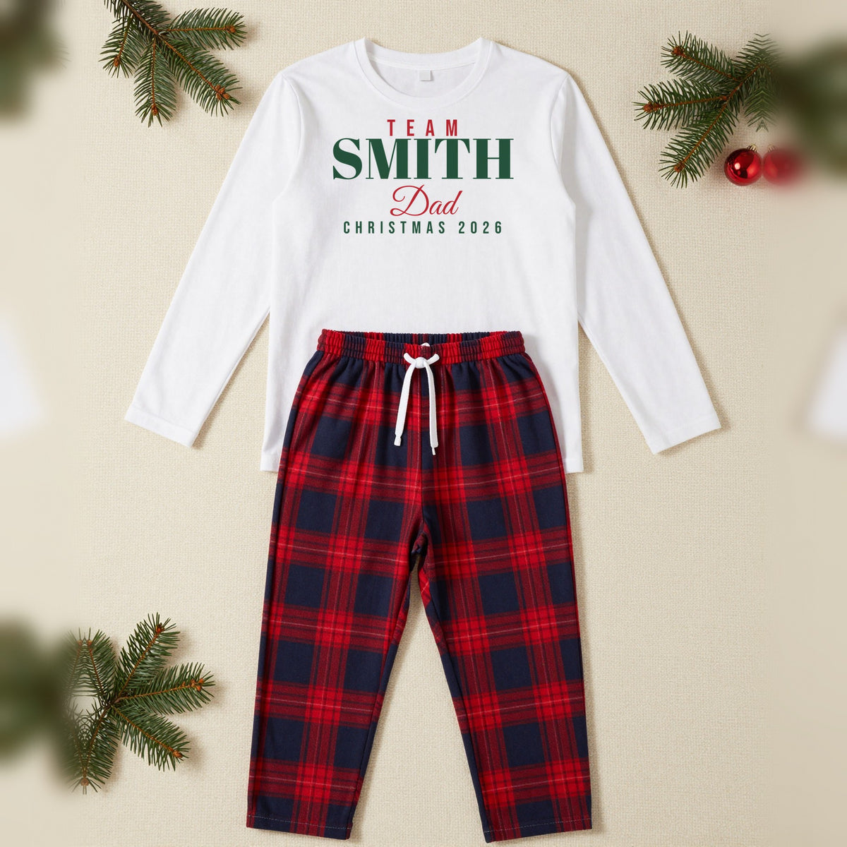 Team Smith Personalised Matching Family Christmas Pyjamas Set, Adult in White / Red Tartan, our photo