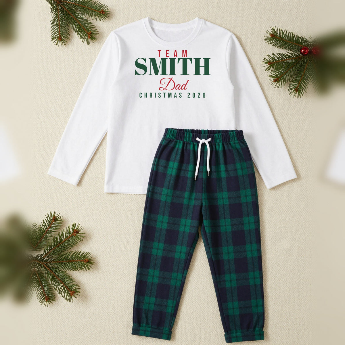 Team Smith Personalised Matching Family Christmas Pyjamas Set, Adult in White / Green Tartan, our photo