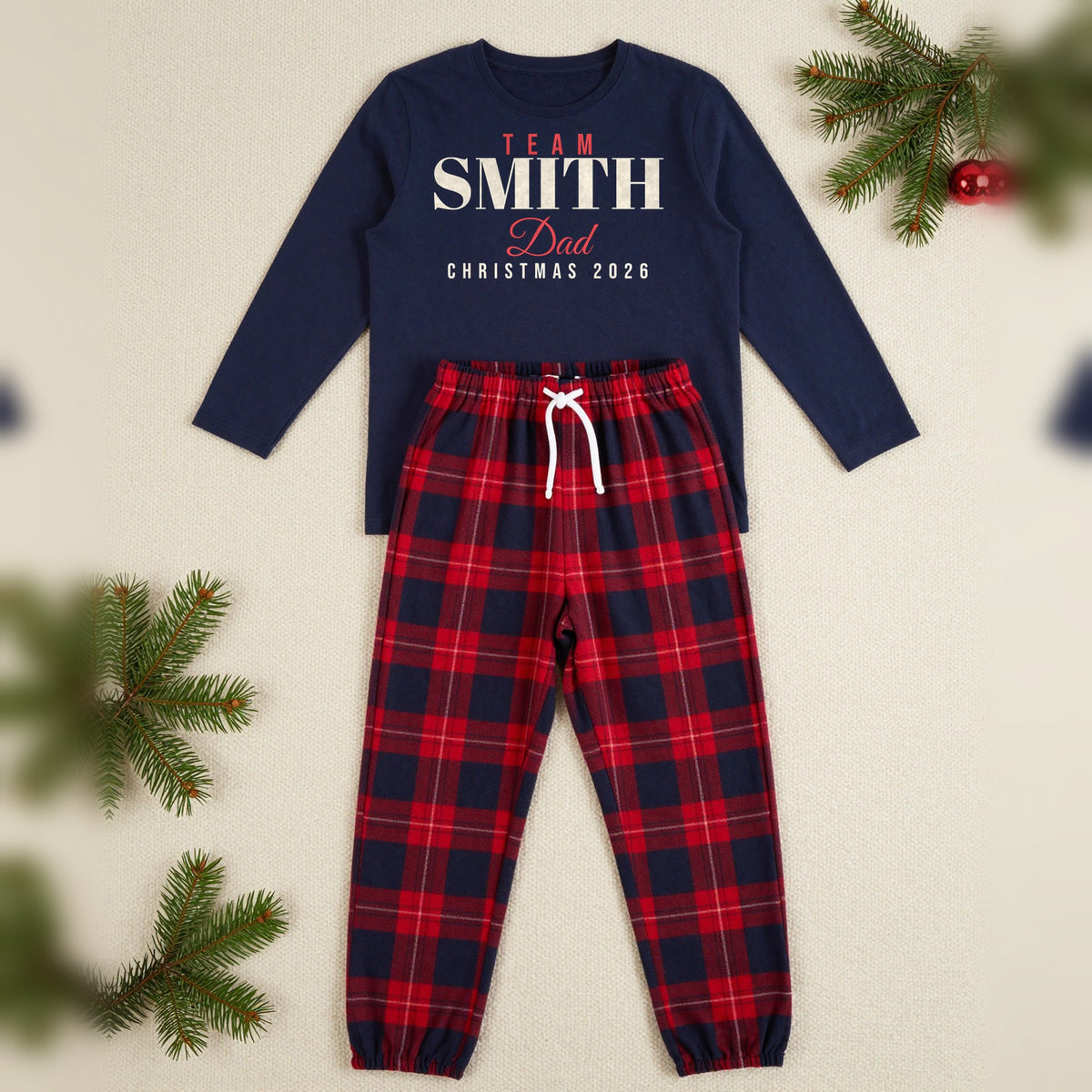 Team Smith Personalised Matching Family Christmas Pyjamas Set, Adult in Navy / Red Tartan, our photo
