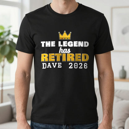 Personalised The Legend Has Retired T-Shirt T-Shirt in Black, worn, our photo