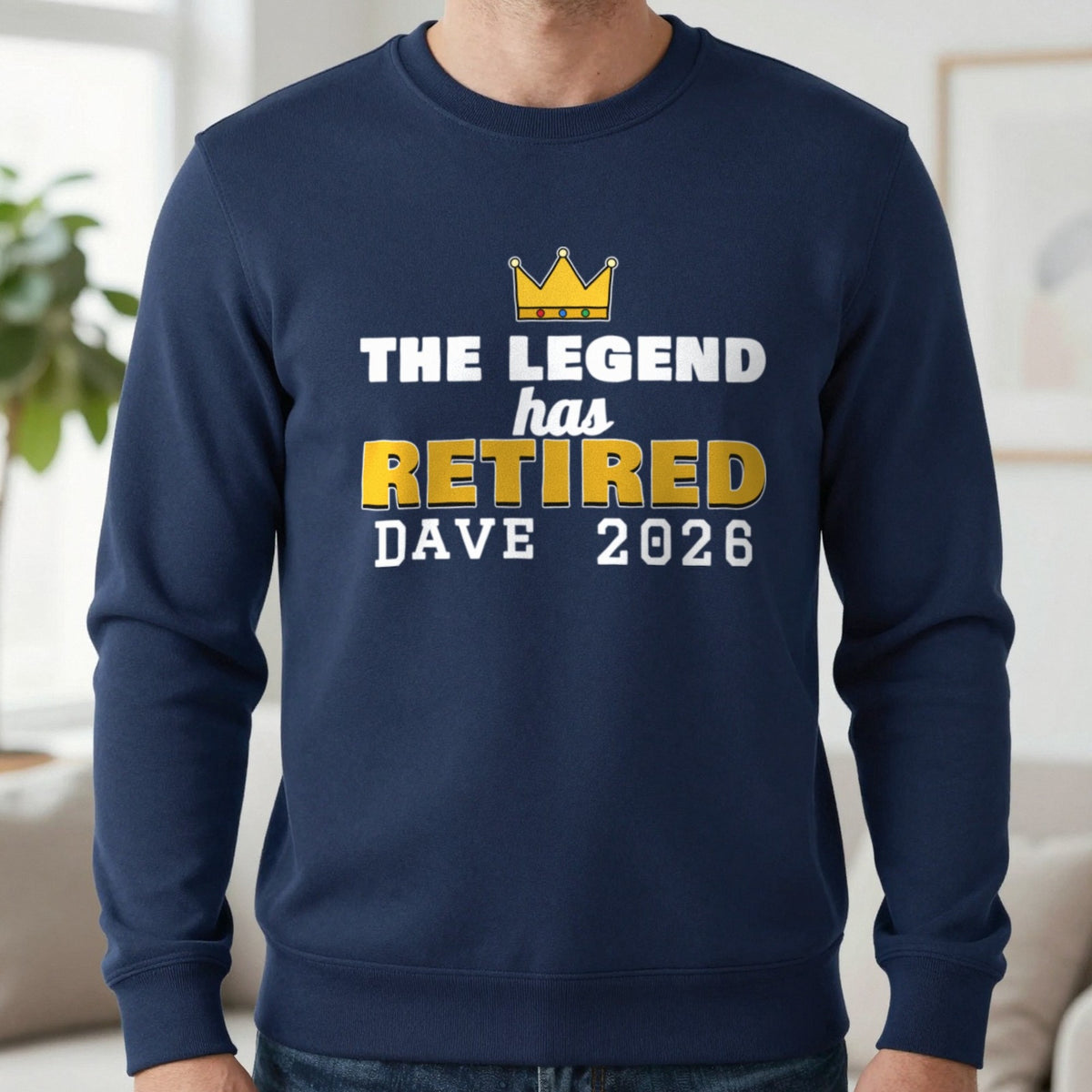 Personalised The Legend Has Retired T-Shirt Sweatshirt in Navy, worn, our photo