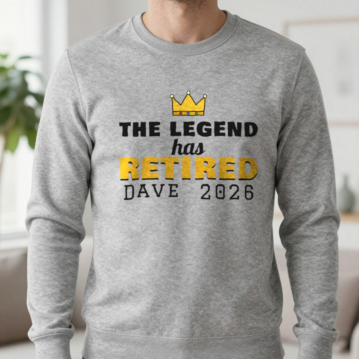 Personalised The Legend Has Retired T-Shirt Sweatshirt in Sport Grey, worn, our photo