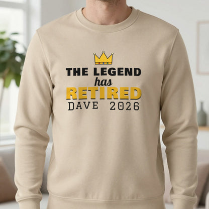 Personalised The Legend Has Retired T-Shirt Sweatshirt in Sand, worn, our photo